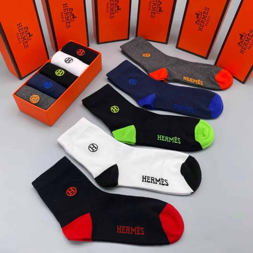 HERMES || H Logo Dual Color Ankle Length Socks Pack Of Five - FASHION MYST 