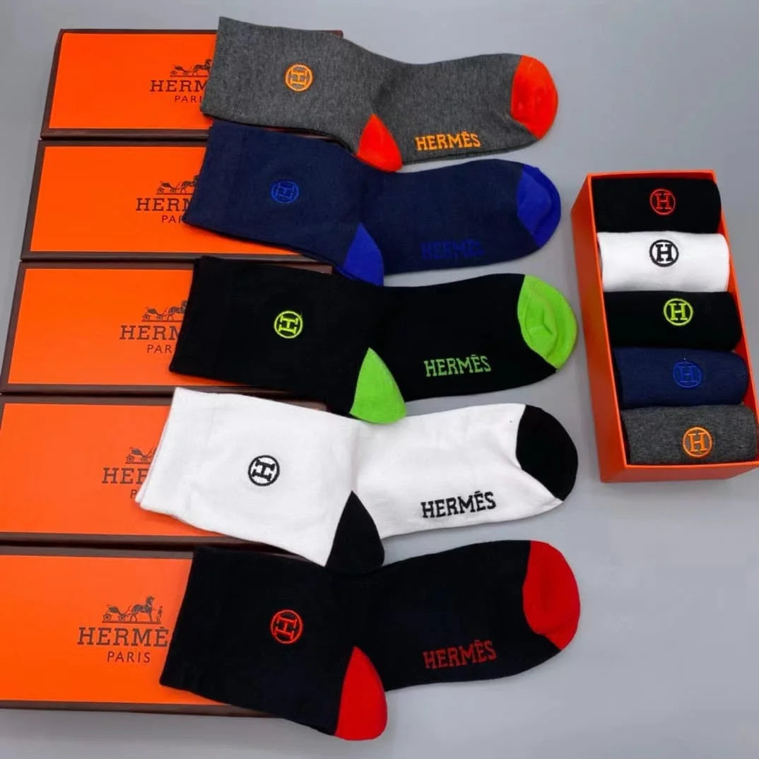 HERMES || H Logo Dual Color Ankle Length Socks Pack Of Five - FASHION MYST 