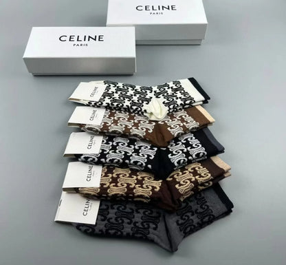 CELINE || Triomphe Unisex Street Style Logo Socks Pack Of Five - FASHION MYST 