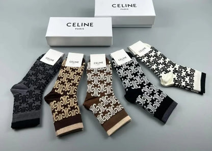 CELINE || Triomphe Unisex Street Style Logo Socks Pack Of Five - FASHION MYST 