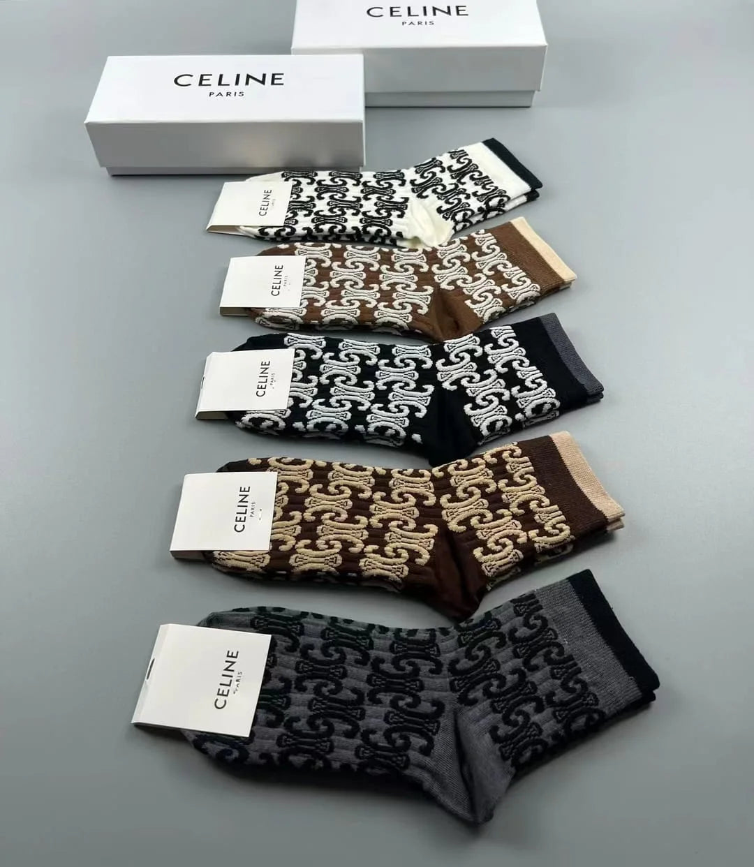 CELINE || Triomphe Unisex Street Style Logo Socks Pack Of Five - FASHION MYST 