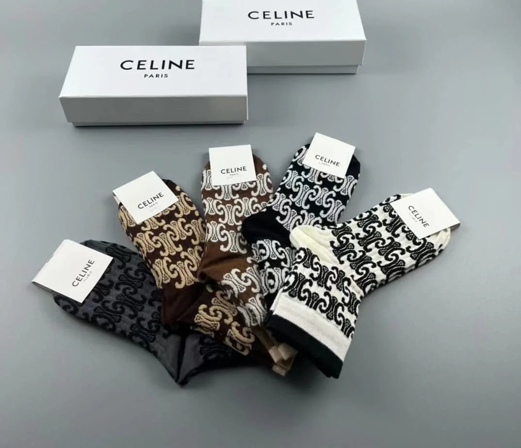 CELINE || Triomphe Unisex Street Style Logo Socks Pack Of Five - FASHION MYST 