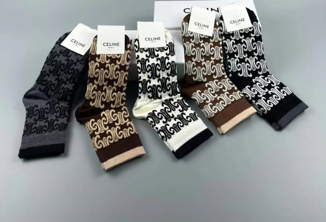 CELINE || Triomphe Unisex Street Style Logo Socks Pack Of Five - FASHION MYST 