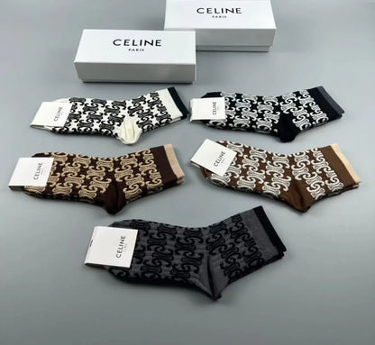 CELINE || Triomphe Unisex Street Style Logo Socks Pack Of Five - FASHION MYST 