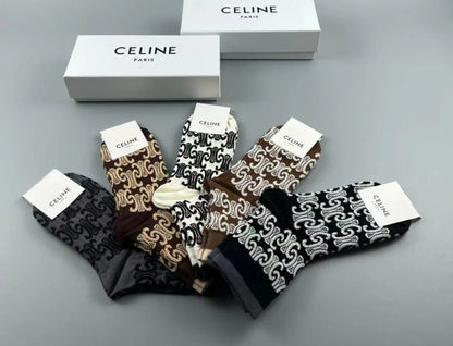 CELINE || Triomphe Unisex Street Style Logo Socks Pack Of Five - FASHION MYST 