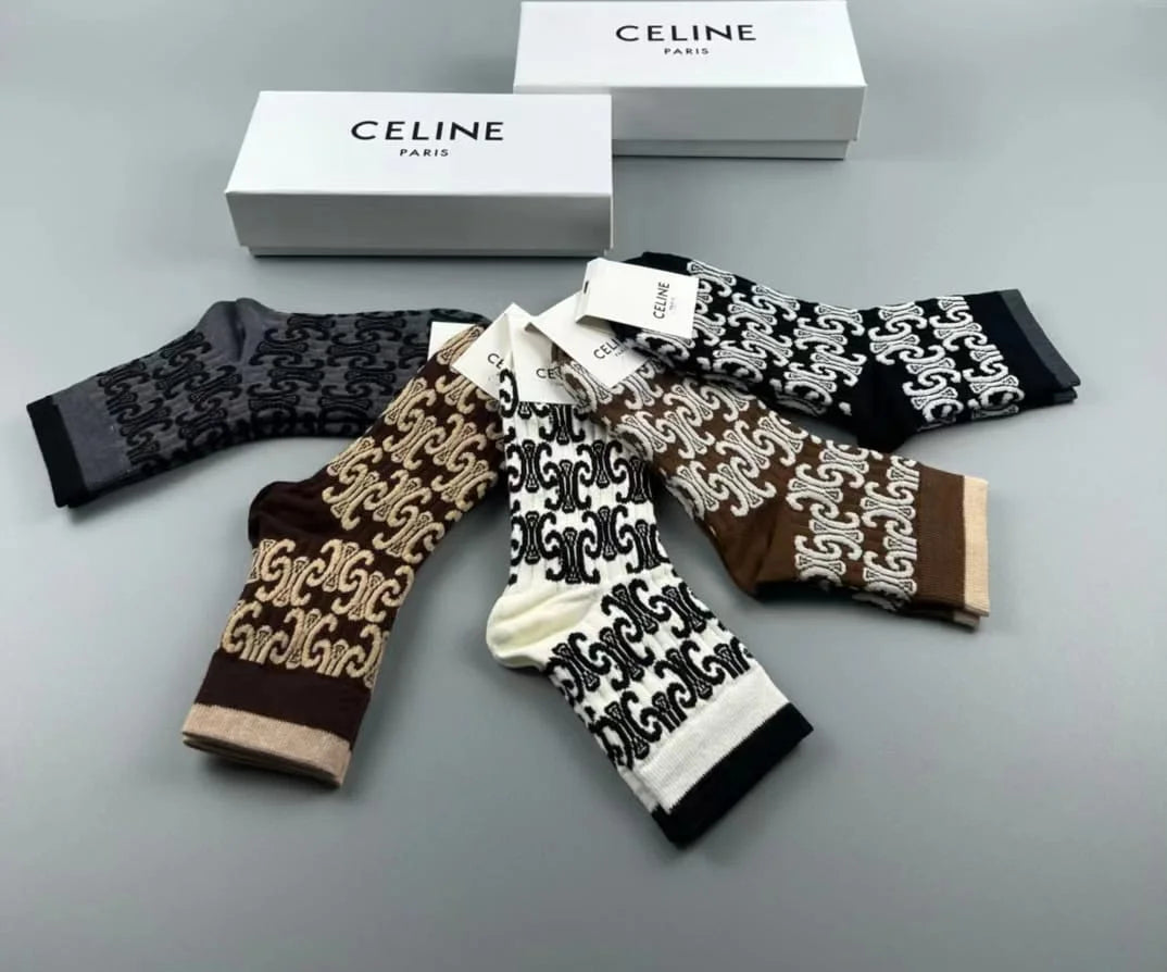 CELINE || Triomphe Unisex Street Style Logo Socks Pack Of Five - FASHION MYST 