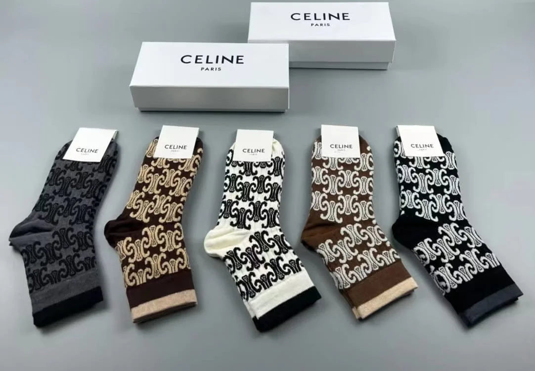 CELINE || Triomphe Unisex Street Style Logo Socks Pack Of Five - FASHION MYST 