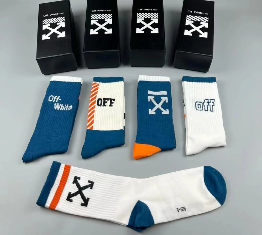 OFF-WHITE || Striped Arrows Mid Length Socks in Cotton Pack Of Five - FASHION MYST 