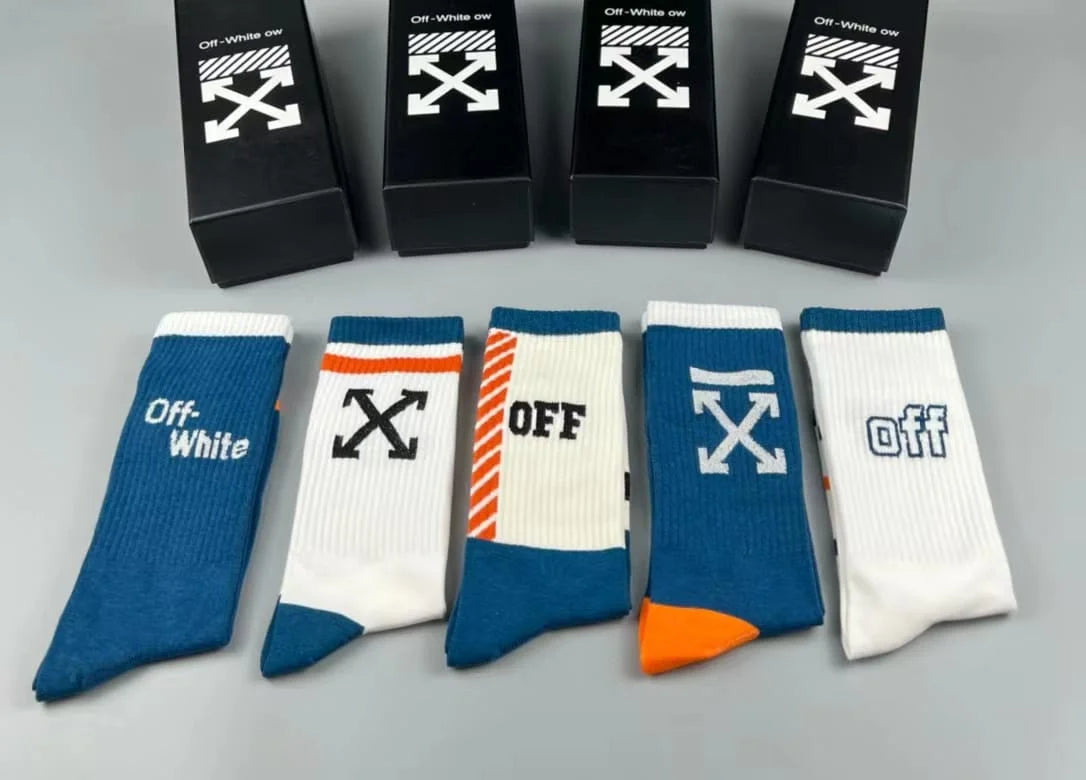 OFF-WHITE || Striped Arrows Mid Length Socks in Cotton Pack Of Five - FASHION MYST 