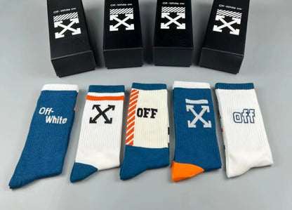 OFF-WHITE || Striped Arrows Mid Length Socks in Cotton Pack Of Five - FASHION MYST 