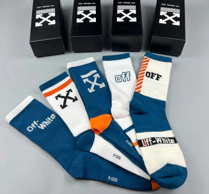 OFF-WHITE || Striped Arrows Mid Length Socks in Cotton Pack Of Five - FASHION MYST 