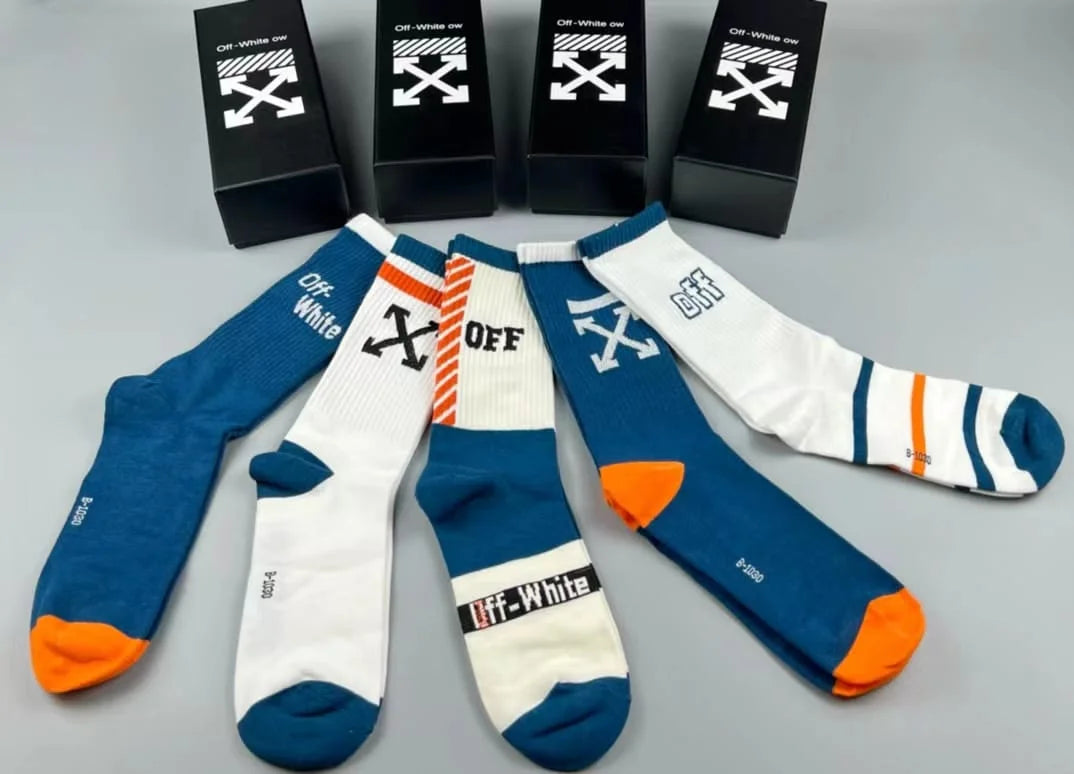 OFF-WHITE || Striped Arrows Mid Length Socks in Cotton Pack Of Five - FASHION MYST 