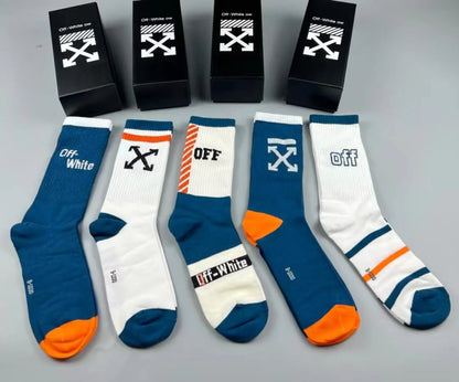 OFF-WHITE || Striped Arrows Mid Length Socks in Cotton Pack Of Five - FASHION MYST 