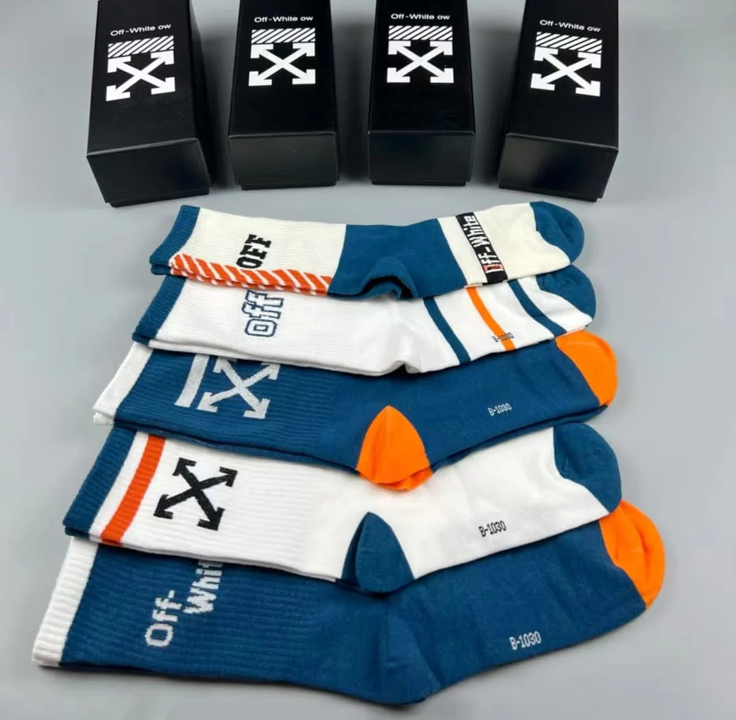 OFF-WHITE || Striped Arrows Mid Length Socks in Cotton Pack Of Five - FASHION MYST 