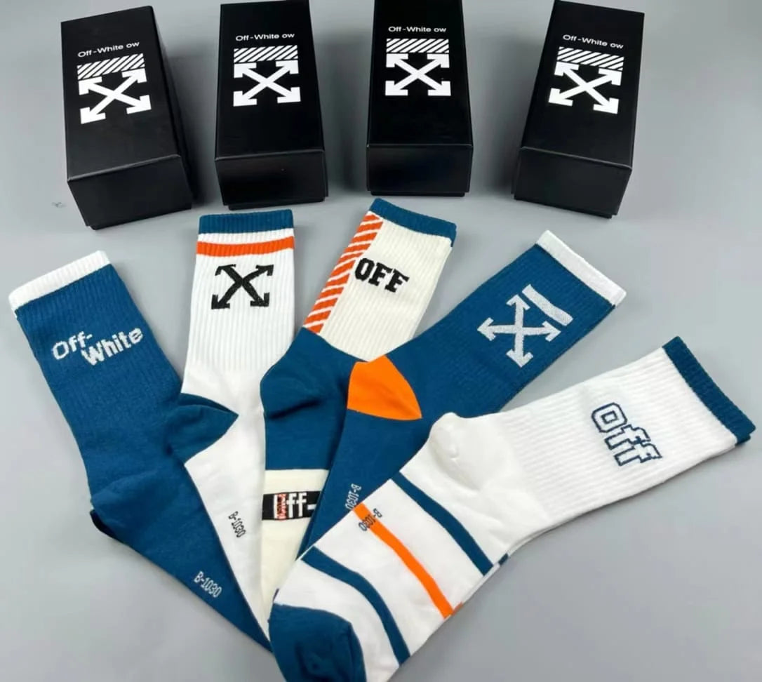 OFF-WHITE || Striped Arrows Mid Length Socks in Cotton Pack Of Five - FASHION MYST 