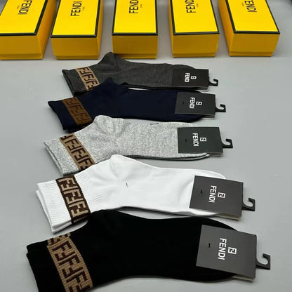 FENDI || FF Stripe Logo Socks Pack Of Five In Box - FASHION MYST 