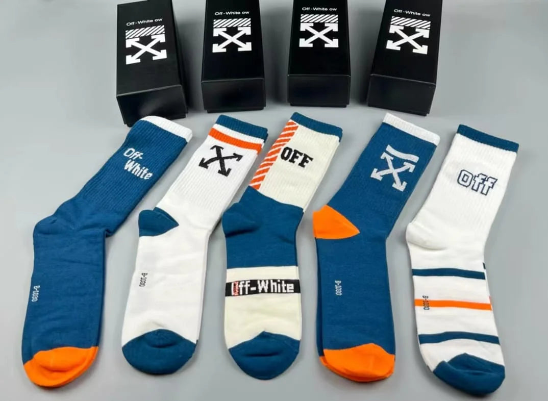 OFF-WHITE || Striped Arrows Mid Length Socks in Cotton Pack Of Five - FASHION MYST 