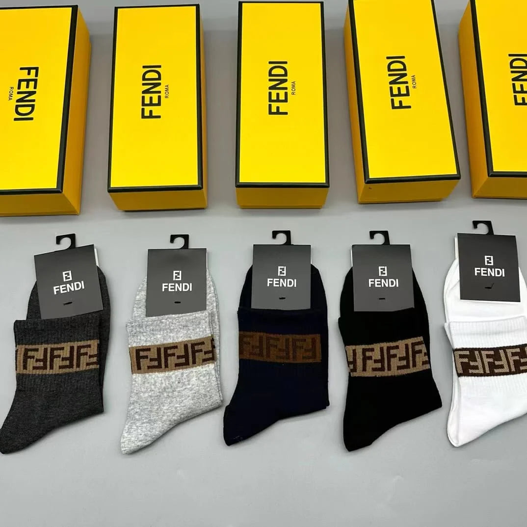 FENDI || FF Stripe Logo Socks Pack Of Five In Box - FASHION MYST 