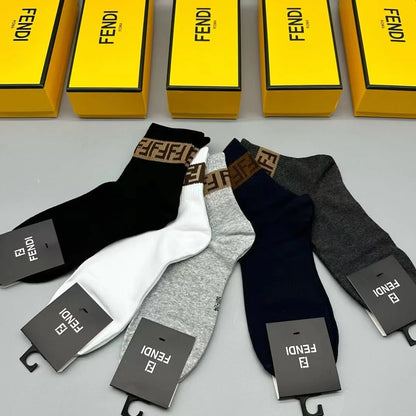 FENDI || FF Stripe Logo Socks Pack Of Five In Box - FASHION MYST 