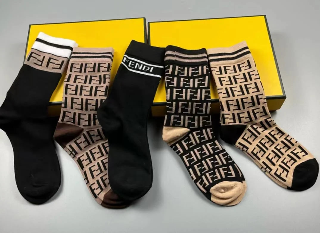 FENDI || FF Logo Pack of 5 Mid-Calf Length Socks - FASHION MYST 