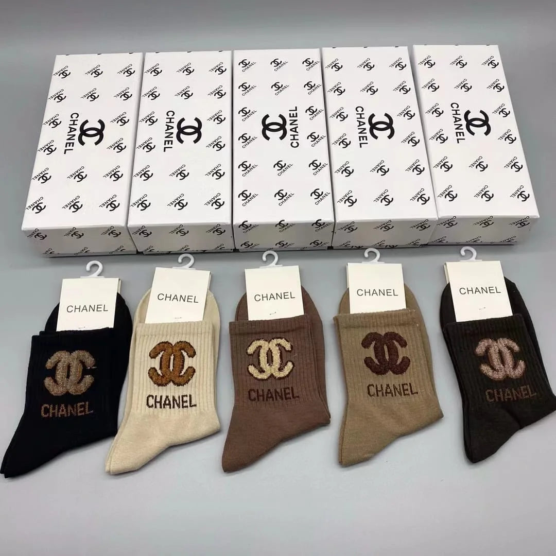 CHANEL || Cotton Long Socks Pack Of Five In Box - FASHION MYST 