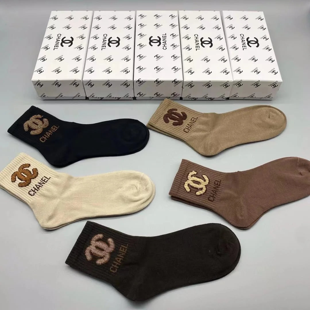 CHANEL || Cotton Long Socks Pack Of Five In Box - FASHION MYST 