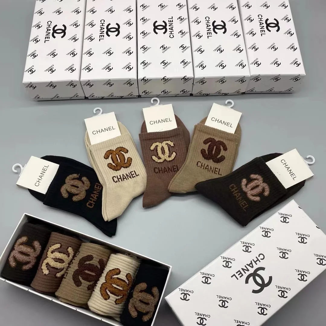 CHANEL || Cotton Long Socks Pack Of Five In Box - FASHION MYST 