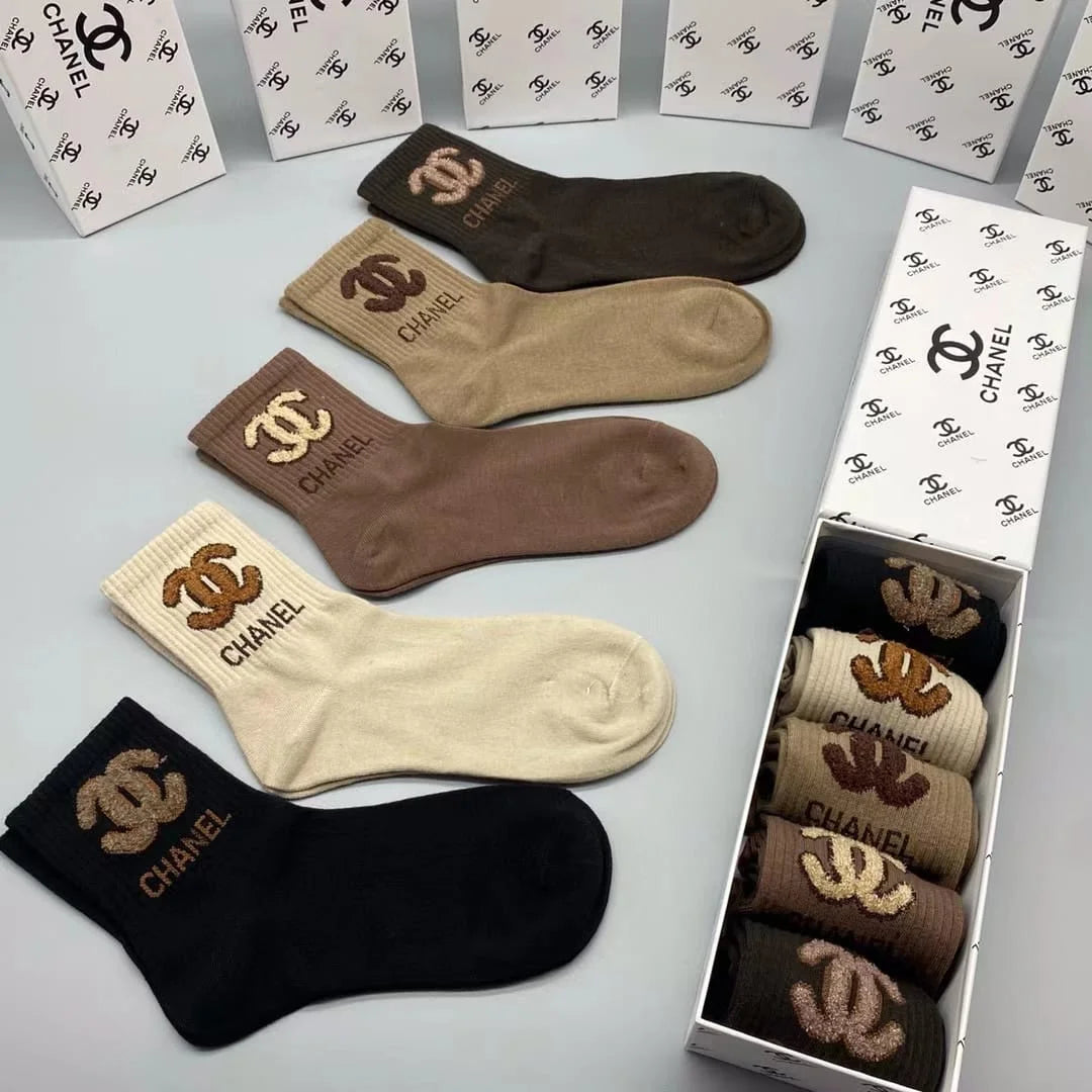 CHANEL || Cotton Long Socks Pack Of Five In Box - FASHION MYST 