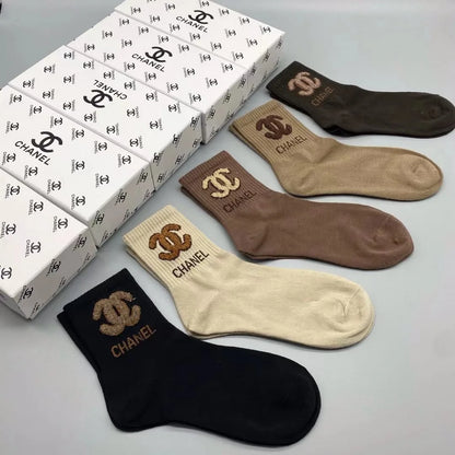 CHANEL || Cotton Long Socks Pack Of Five In Box - FASHION MYST 