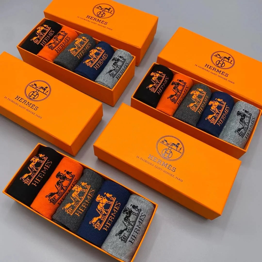 HERMES || Multicolor Combo Cotton Hermes H Logo Unisex Socks Five Pair Box - FASHION MYST 