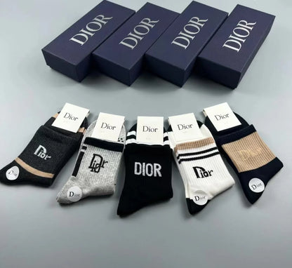 Christian Dior || Dior Logo Classic Cotton Socks (Five Pcs Combo Box) - FASHION MYST 