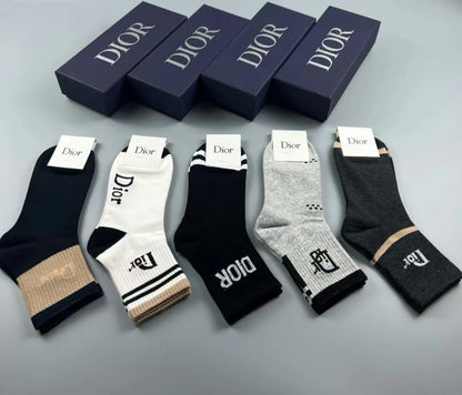 Christian Dior || Dior Logo Classic Cotton Socks (Five Pcs Combo Box) - FASHION MYST 