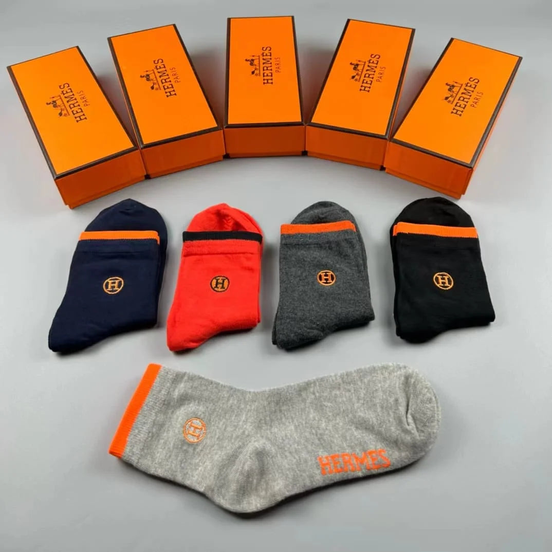 HERMES || "H" Embroidery Logo Socks 5 Pair Box