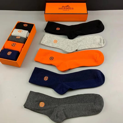 HERMES || High End Quality Long Length Socks (Five Pcs Combo Box) - FASHION MYST 