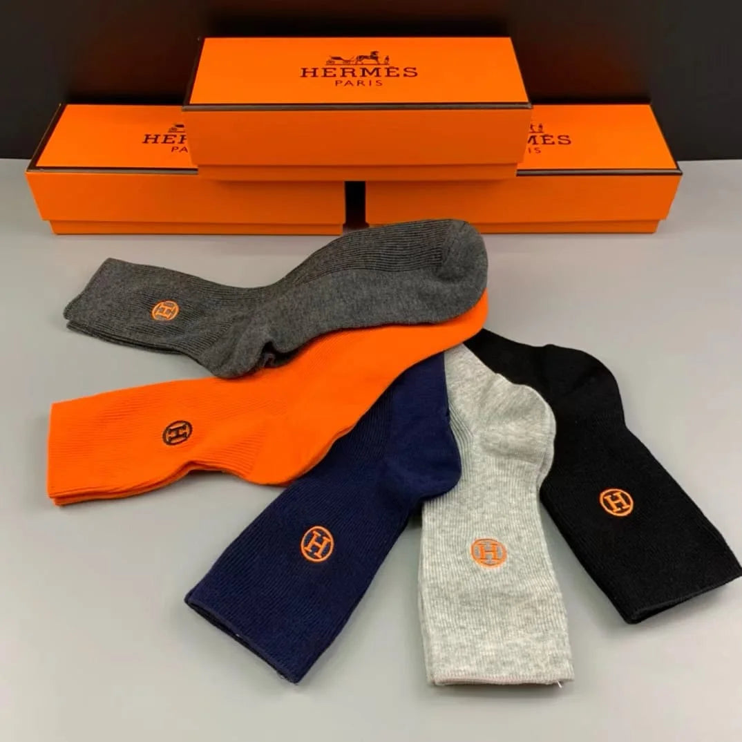 HERMES || High End Quality Long Length Socks (Five Pcs Combo Box) - FASHION MYST 