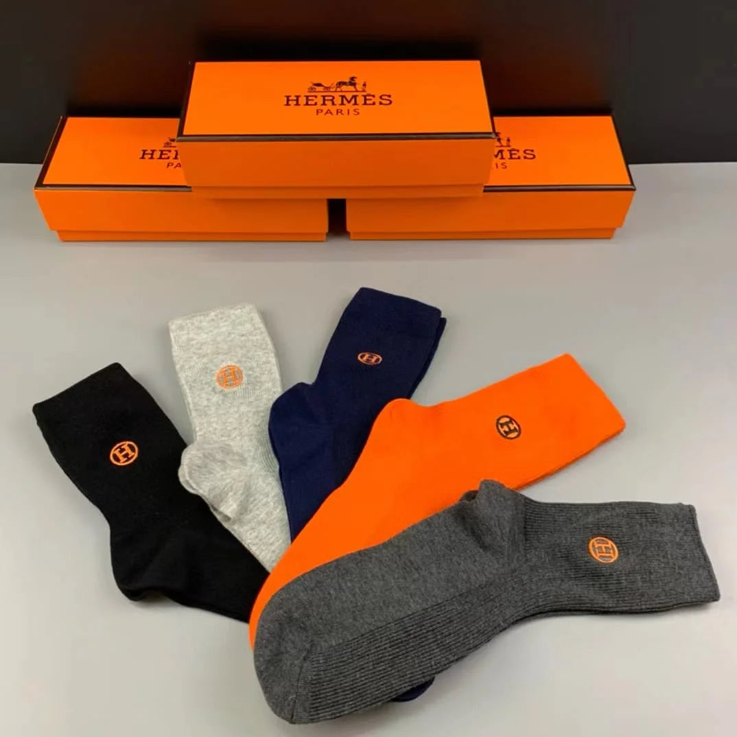 HERMES || High End Quality Long Length Socks (Five Pcs Combo Box) - FASHION MYST 