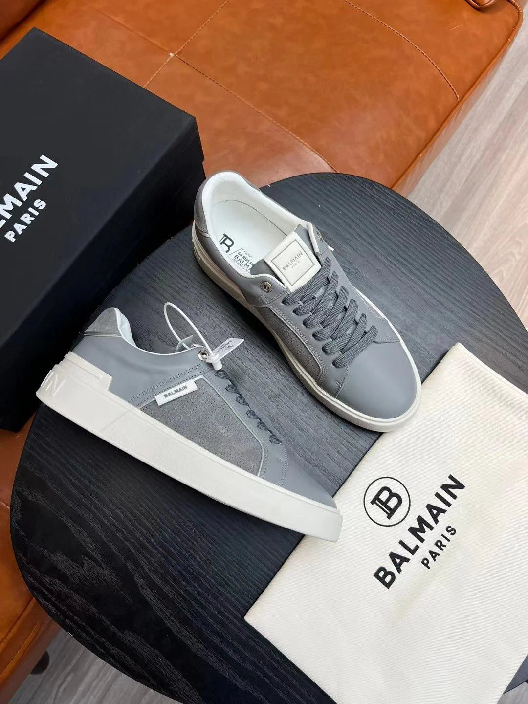 BALMAIN || Logo Patch Low-Top Grey ‘B-Court’ Sneaker - FASHION MYST 