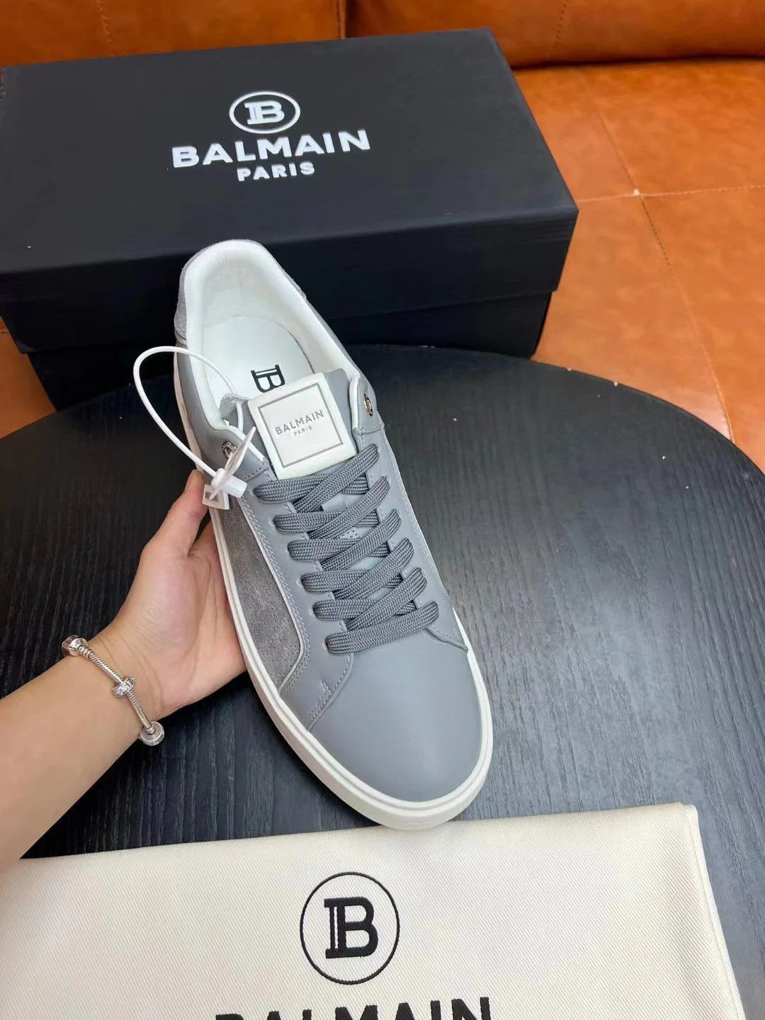 BALMAIN || Logo Patch Low-Top Grey ‘B-Court’ Sneaker - FASHION MYST 