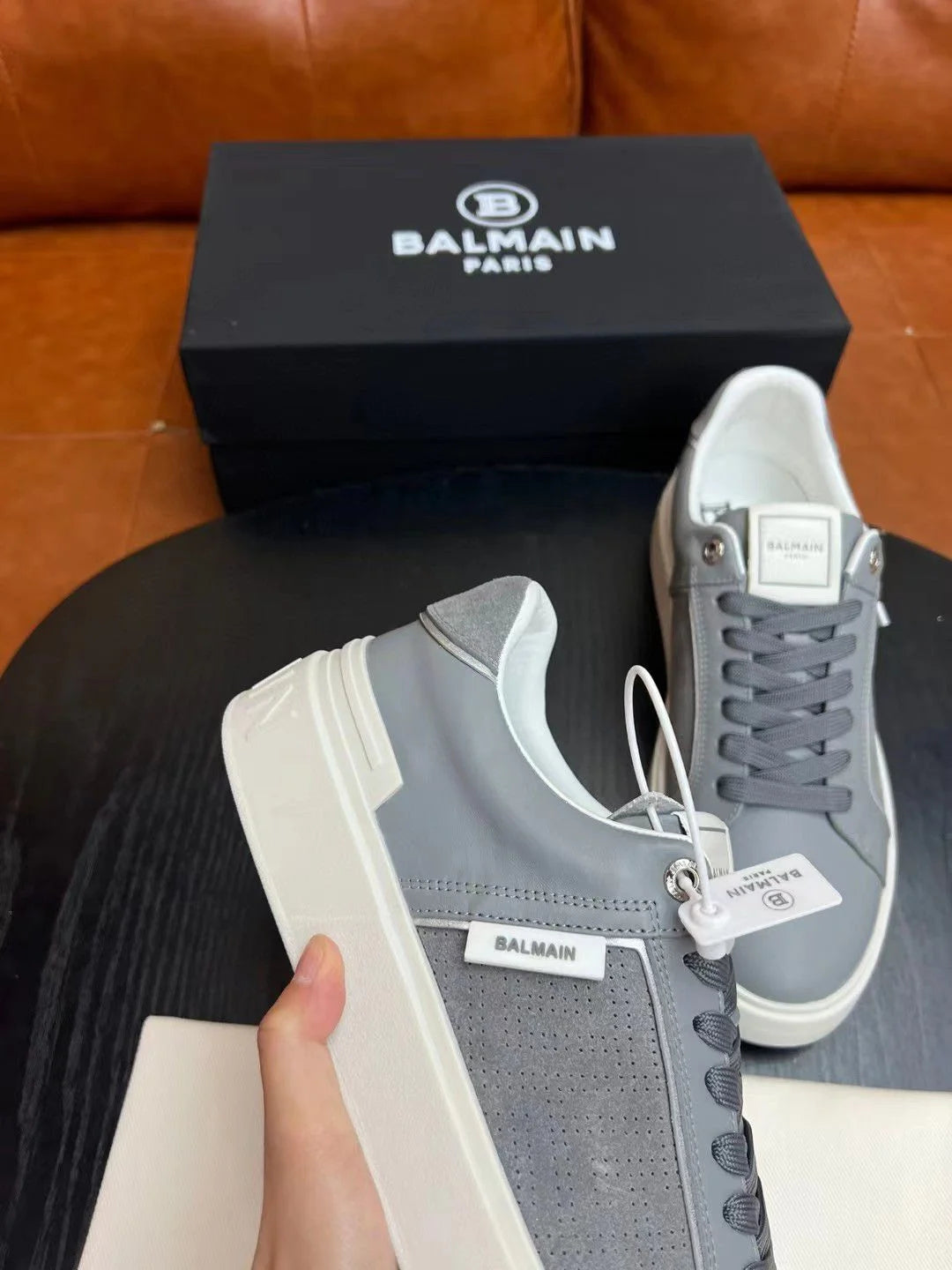 BALMAIN || Logo Patch Low-Top Grey ‘B-Court’ Sneaker - FASHION MYST 