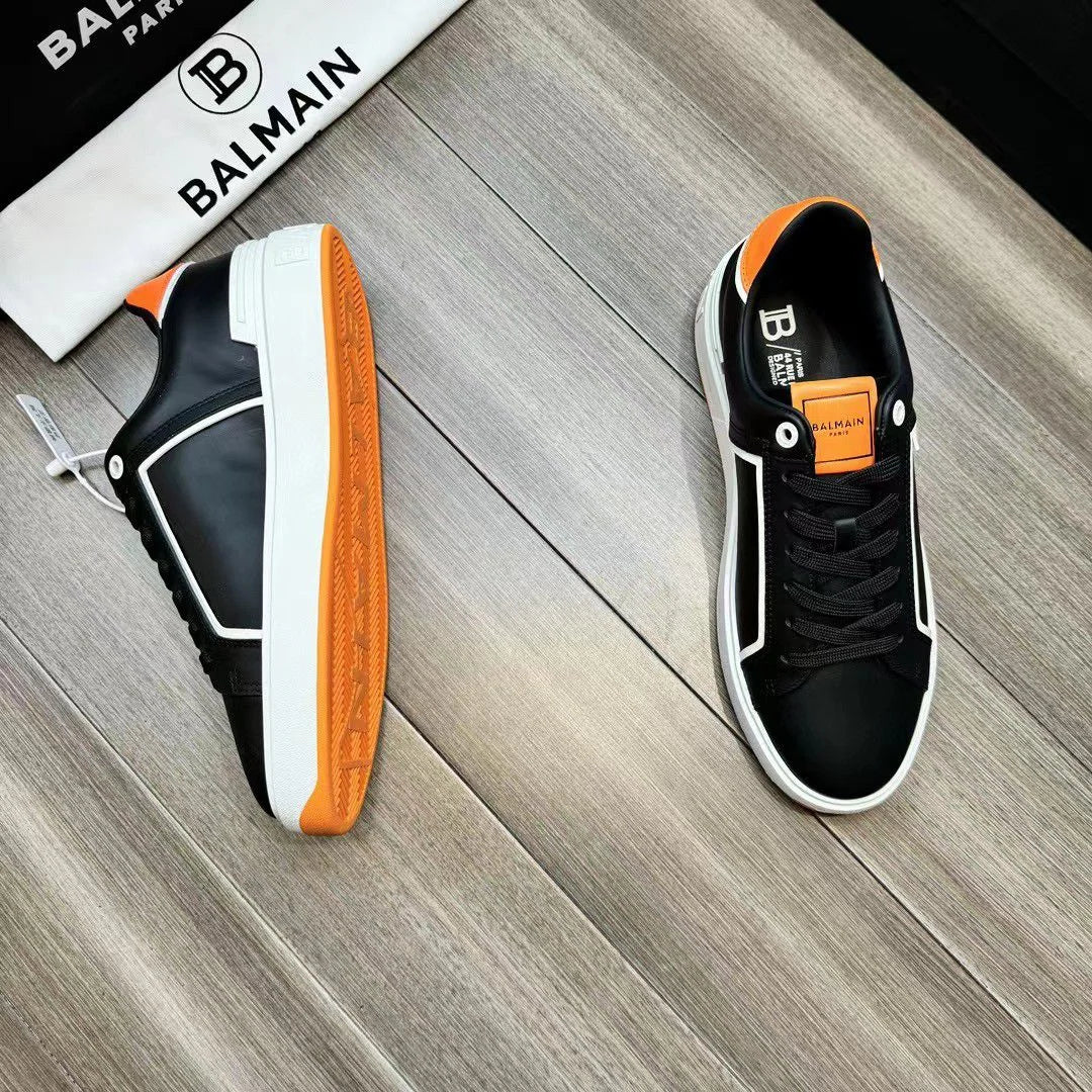 BALMAIN || Logo Patch Low-Top White/Orange ‘B-Court’ Sneakers - FASHION MYST 