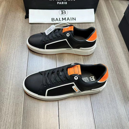 BALMAIN || Logo Patch Low-Top White/Orange ‘B-Court’ Sneakers - FASHION MYST 