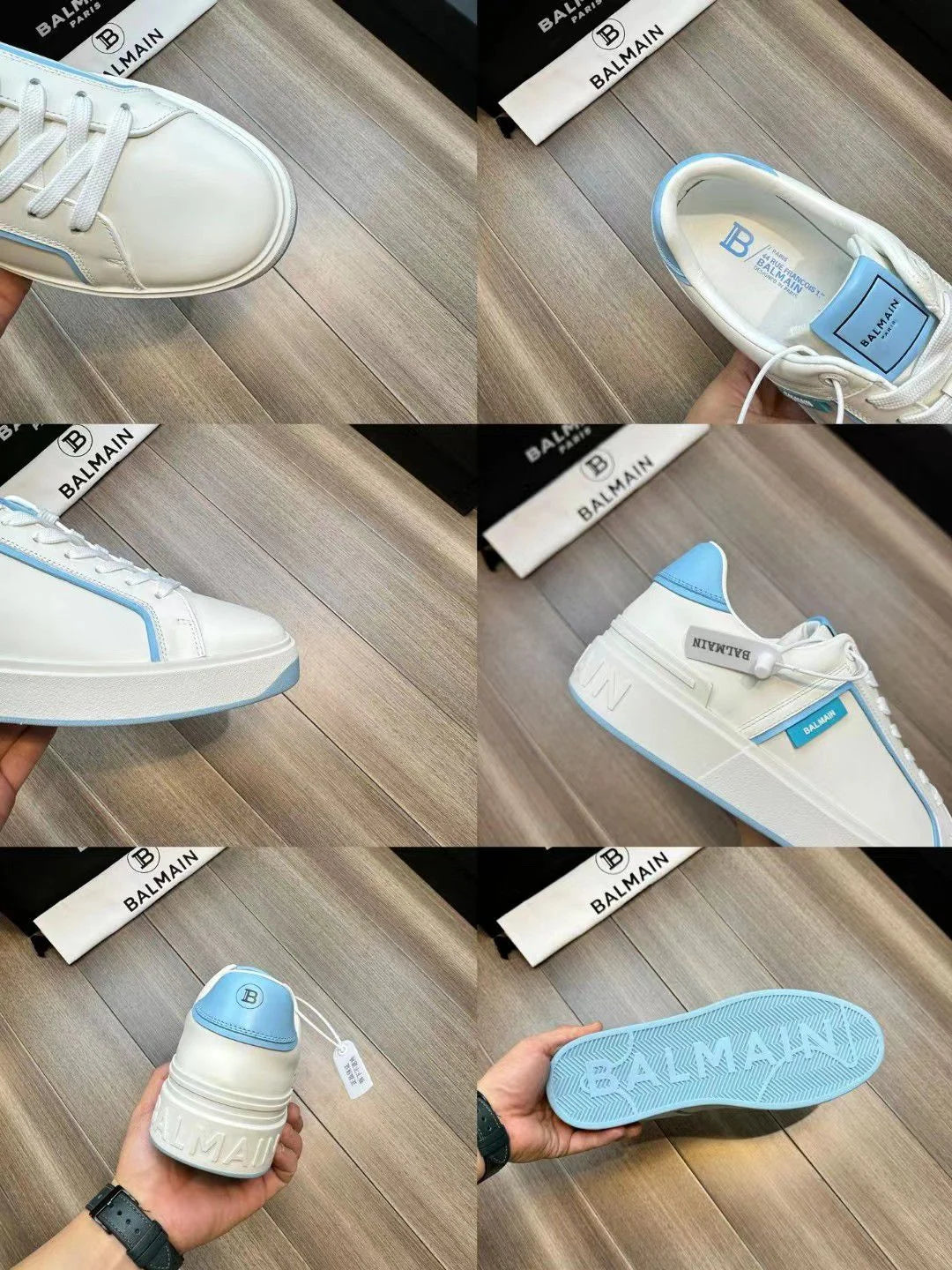 BALMAIN || B-Court Smooth Leather Trainers Sneaker White/Blue - FASHION MYST 