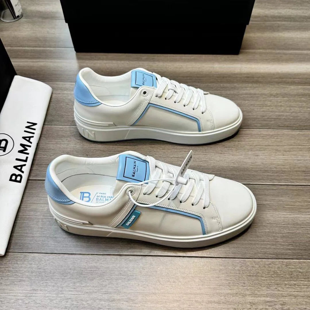 BALMAIN || B-Court Smooth Leather Trainers Sneaker White/Blue - FASHION MYST 