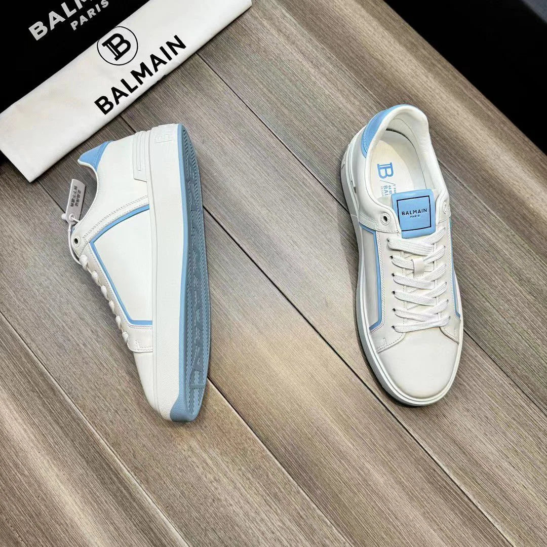 BALMAIN || B-Court Smooth Leather Trainers Sneaker White/Blue - FASHION MYST 