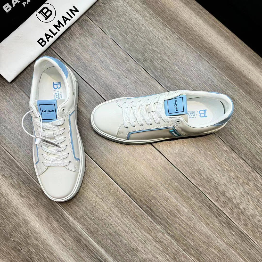 BALMAIN || B-Court Smooth Leather Trainers Sneaker White/Blue - FASHION MYST 