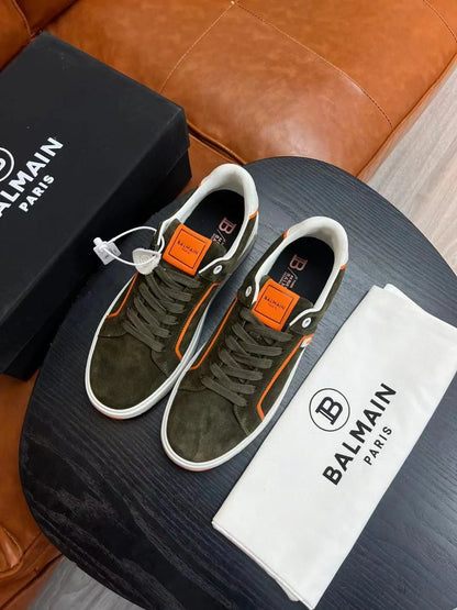 BALMAIN || Logo Patch Low-Top Green ‘B-Court’ Sneakers - FASHION MYST 