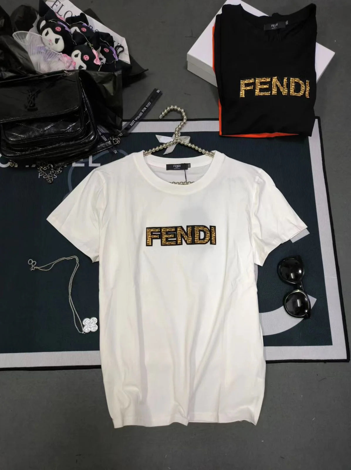 FENDI || Swarovski Logo Detailed Crew Neck T-Shirt For Girls - FASHION MYST 