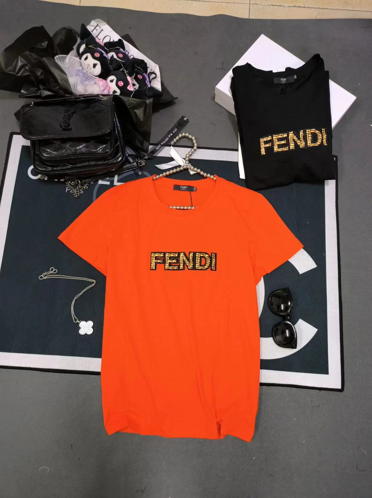 FENDI || Swarovski Logo Detailed Crew Neck T-Shirt For Girls - FASHION MYST 