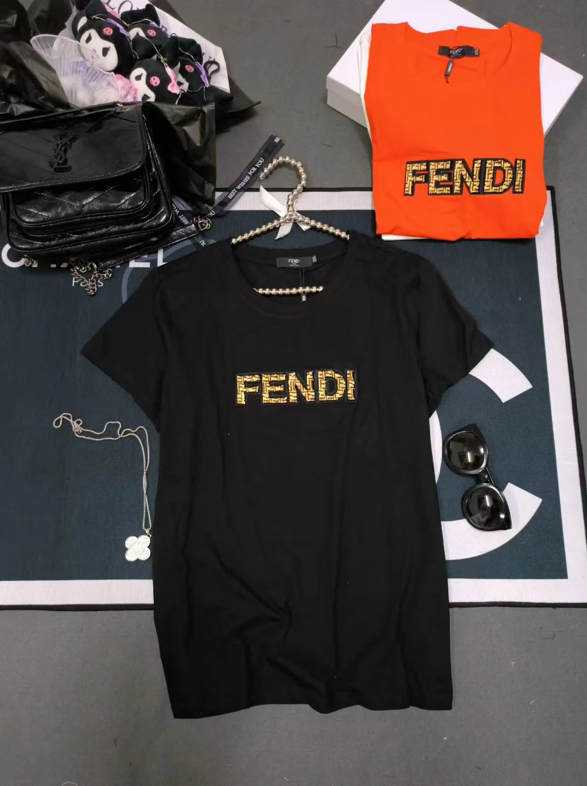 FENDI || Swarovski Logo Detailed Crew Neck T-Shirt For Girls - FASHION MYST 