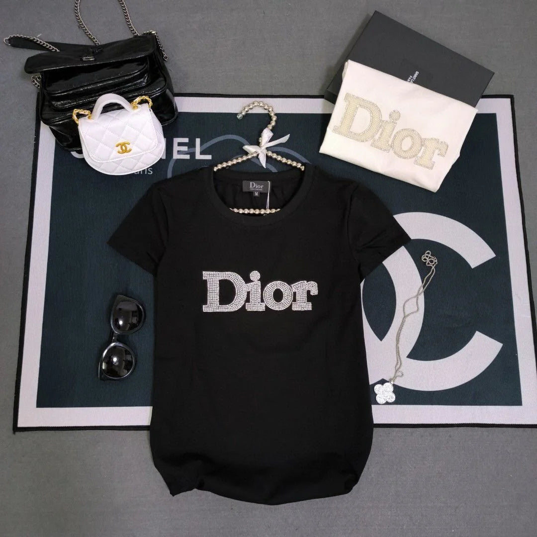 CHRISTIAN DIOR || Luxury Swarovski Dior Logo T-Shirt For Girls - FASHION MYST 